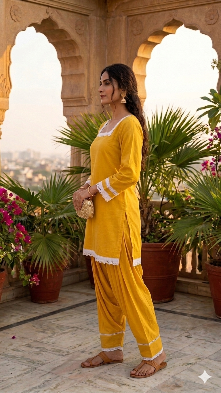 Amrah Wears Mustard Cotton Kurta Set with Patiala Pants