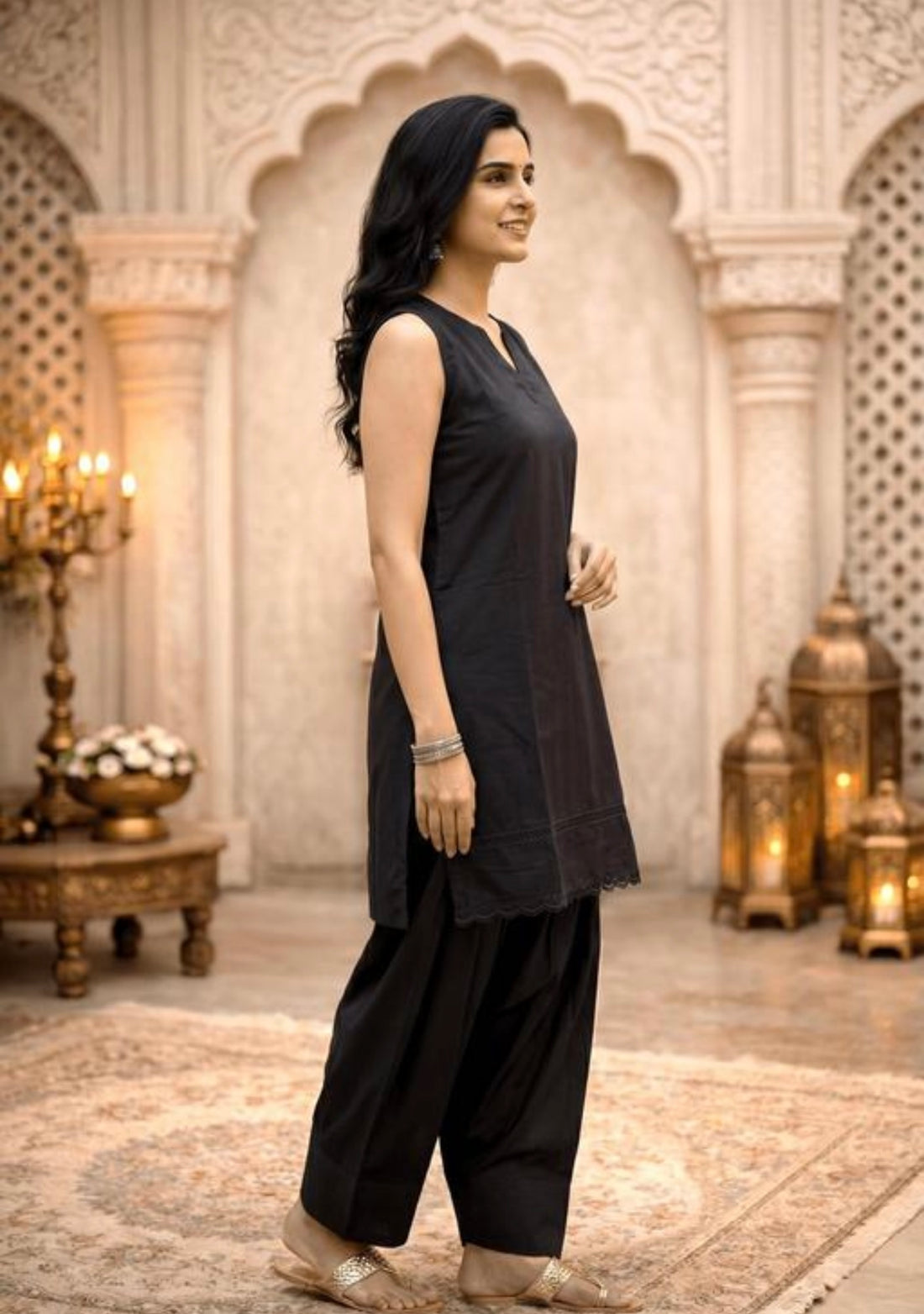 Amrah Wears Midnight Black Sleeveless Kurta & Patiala Set