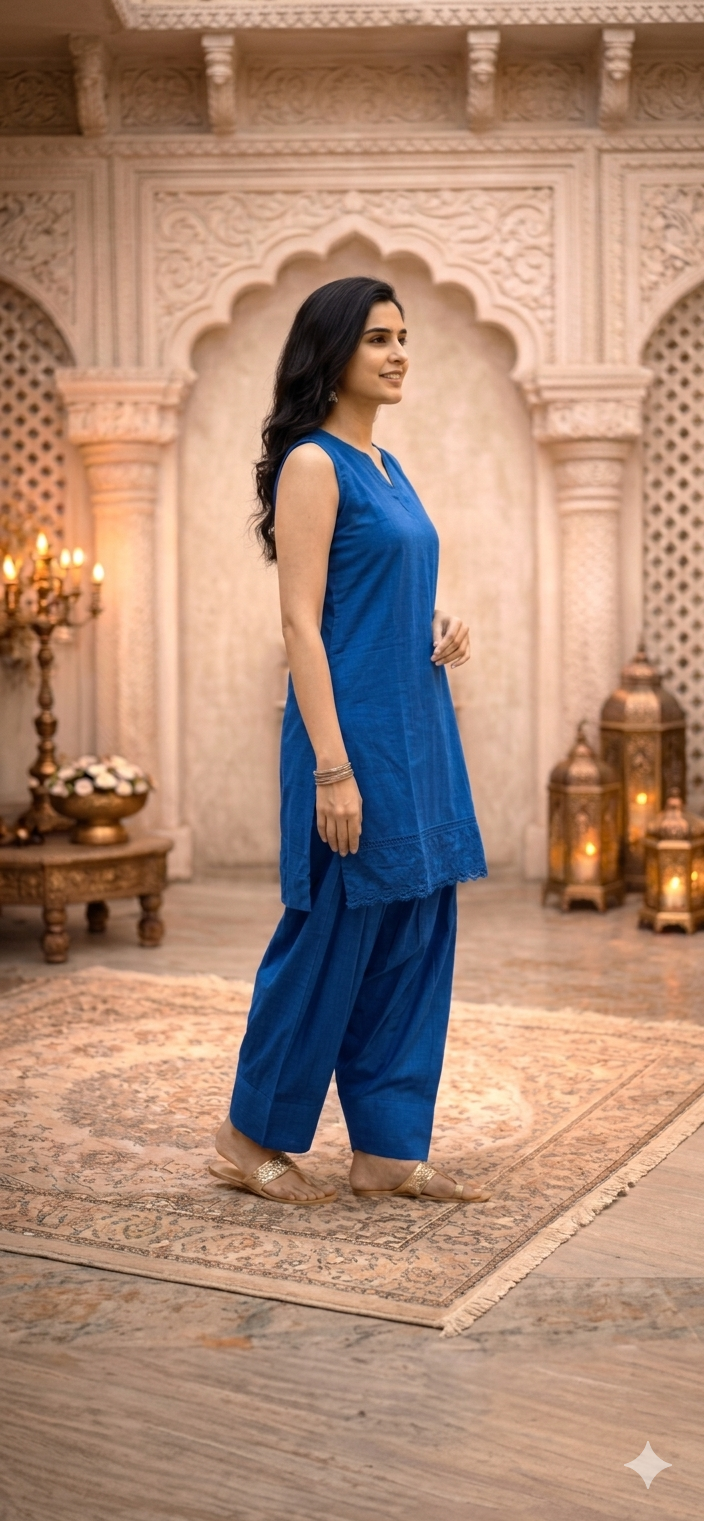 Amrah Wears Royal Blue Sleeveless Kurta & Patiala Set